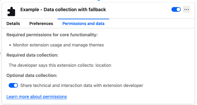 The about:addons page shows details of required and optional data collection permissions.