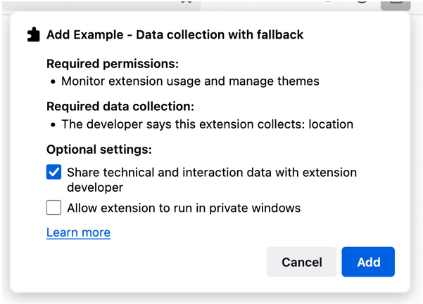 The extension installation prompt shows data types as specified in the manifest.