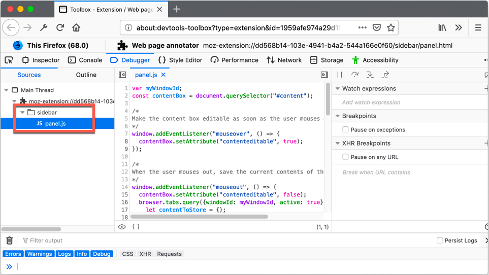 sidebar script in debugger