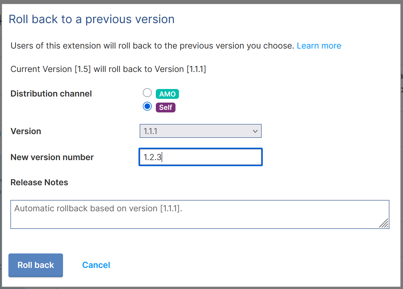 Developer Hub rollback form with multiple channels