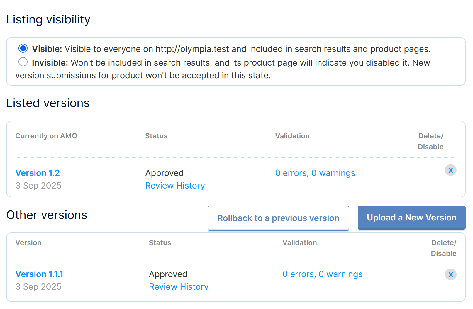Developer Hub versions page