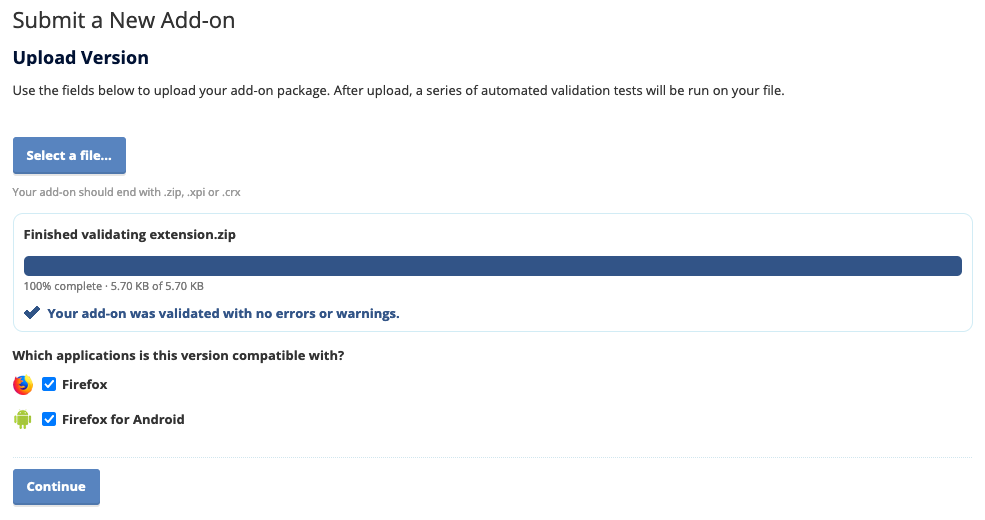 The submit an add-on page showing that add-on validation is complete.