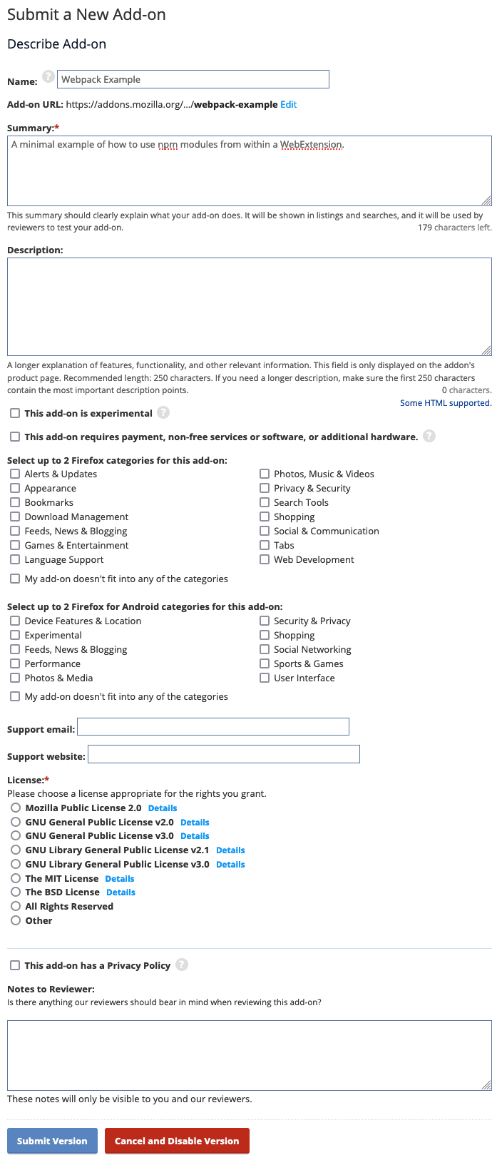 The submit an add-on page with the options to add details about your add-on that display in its AMO listing.