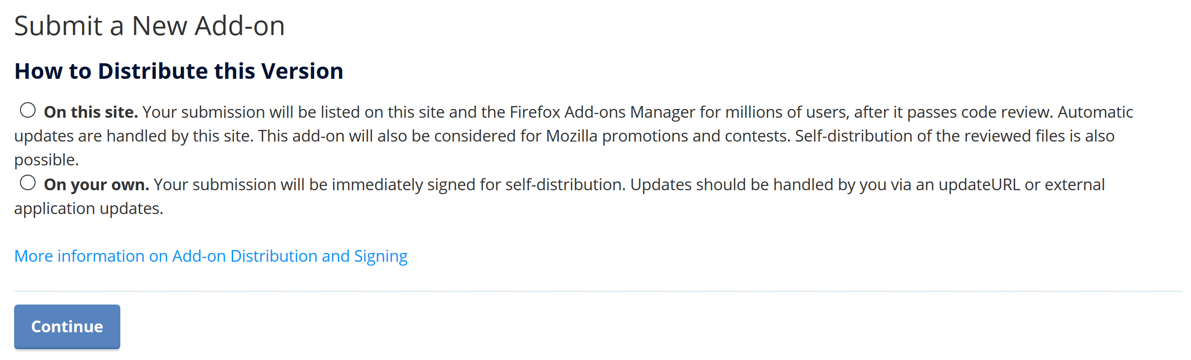 The submit an add-on page showing the submission options: list the add-on on AMO or your site.